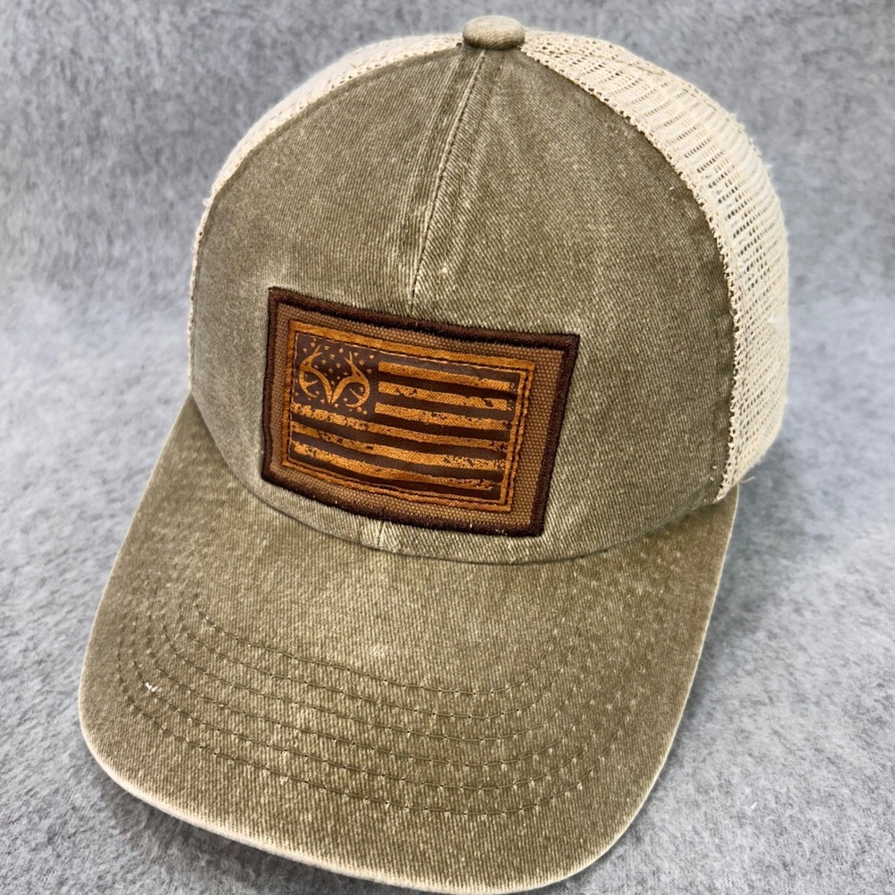 American Flag Antler Patch Mens Green Realtree Trucker Hat Mesh Snapback OSFM